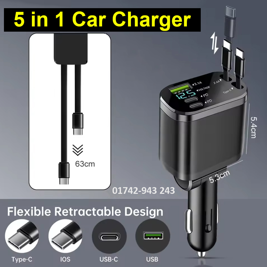 5 in 1 Car Charger 120w Fast Charging with Cable